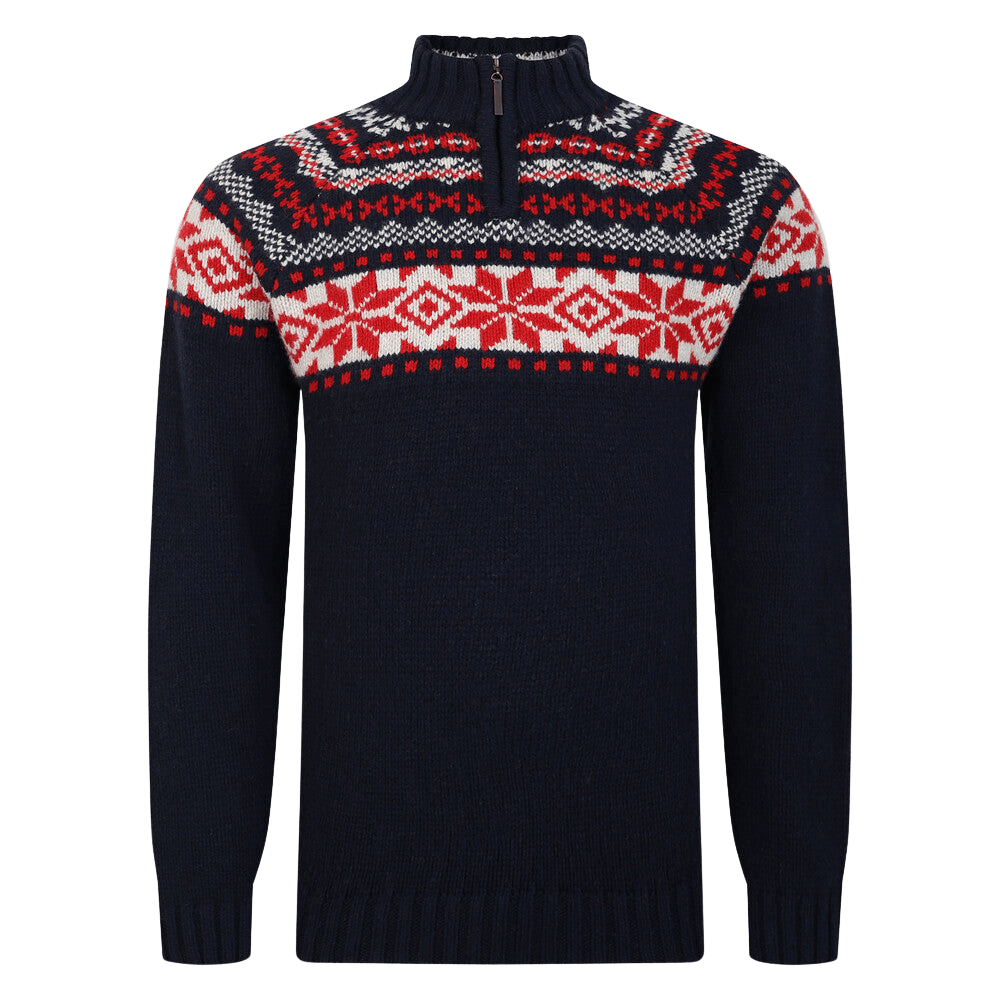 Berg zip-up high neck sweater with scandinavian jacquard knit blue